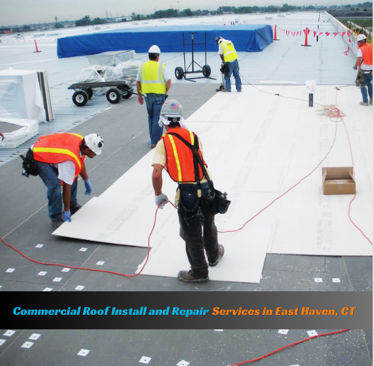 A team of professionals working on a commercial building's roof, installing new roofing materials and performing essential repairs to ensure long-lasting protection and durability.